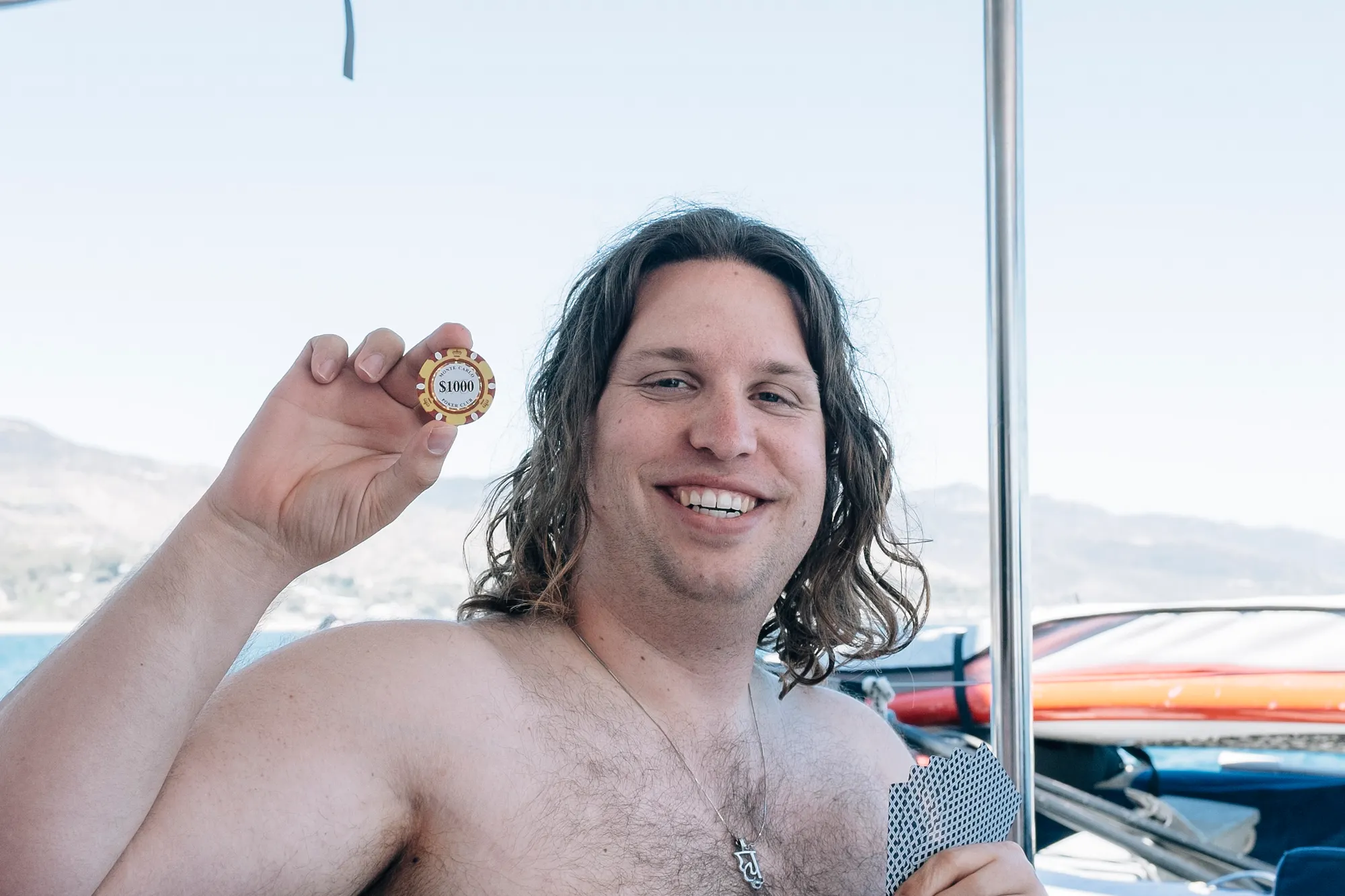 While all of us were playing with $25 and $100 chips, Edward stacked up a few $1000 chips.